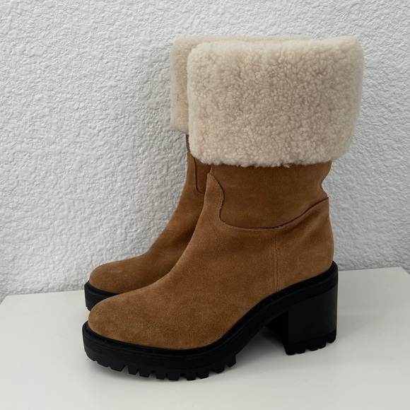 NEW Marc Fisher Sherpa Suede Leather Lug Sole Heel Platform Boot Brown Tan - Picture 6 of 12